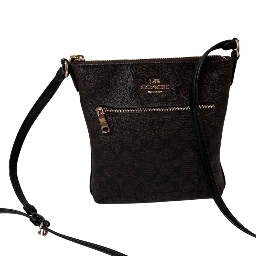 Coach North South File Bag Signature Coated Canvas Brown Black Crossbody